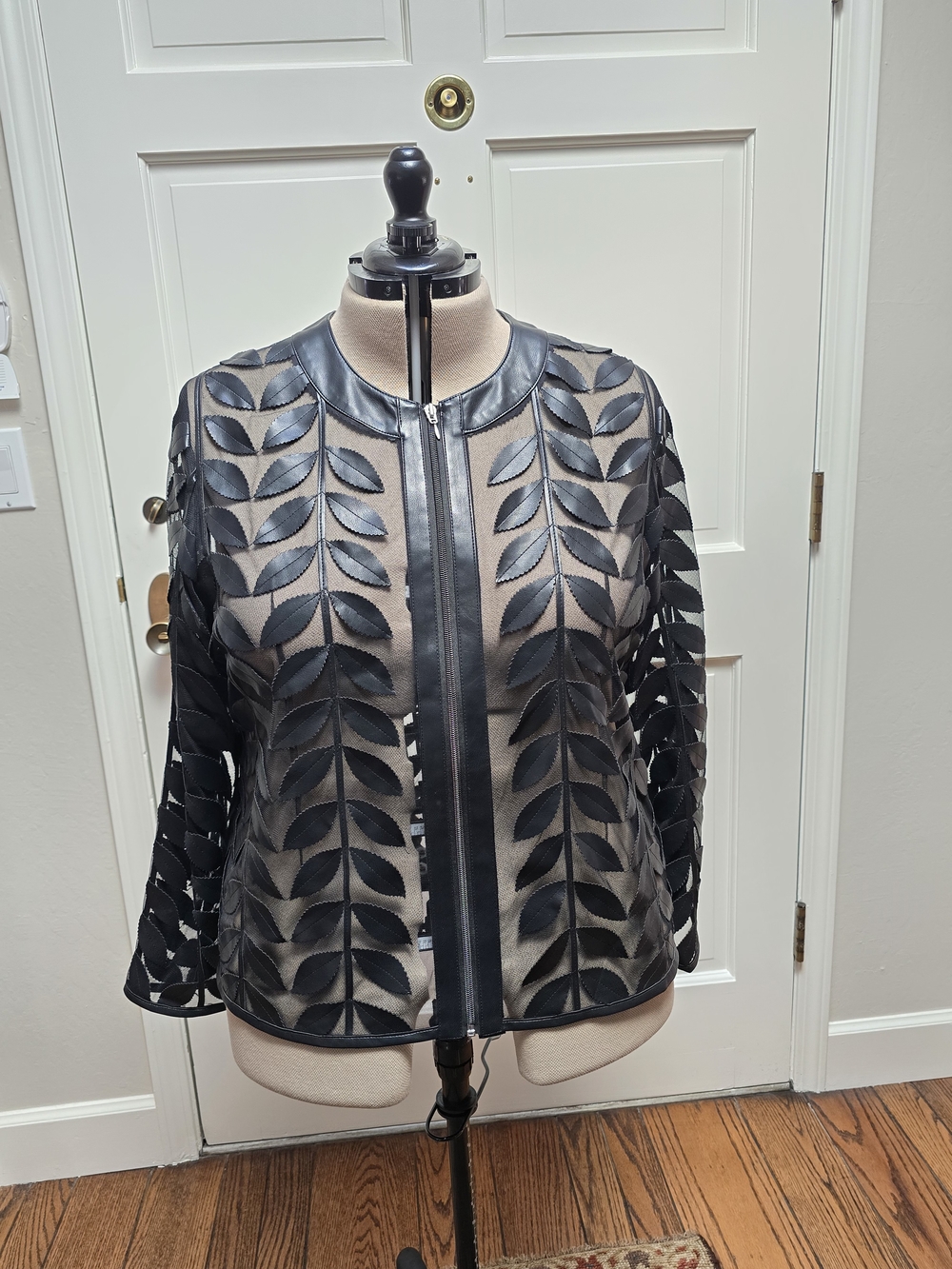 bagatelle Black Leaf Appliqué Leather Jacket 3XL